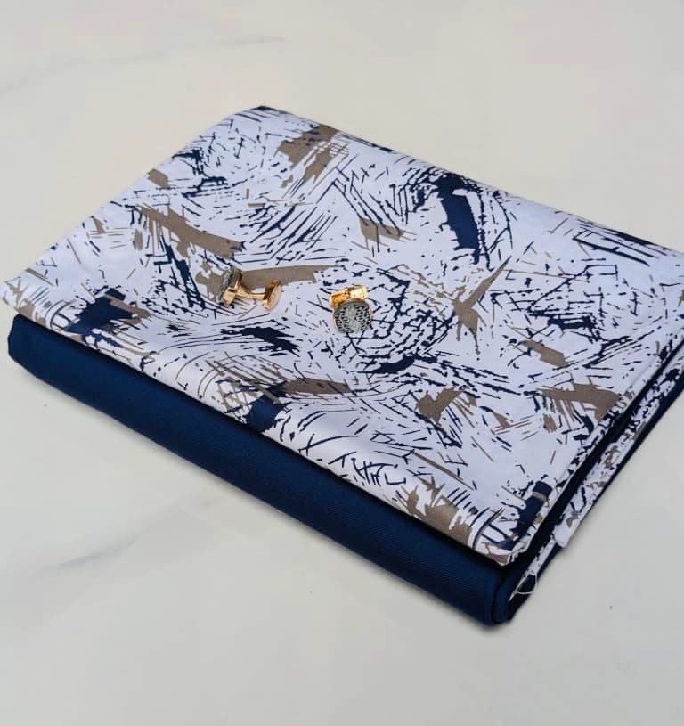 Ensemble Tissu Coton Premium Motif Abstrait & Uni Bleu Marine