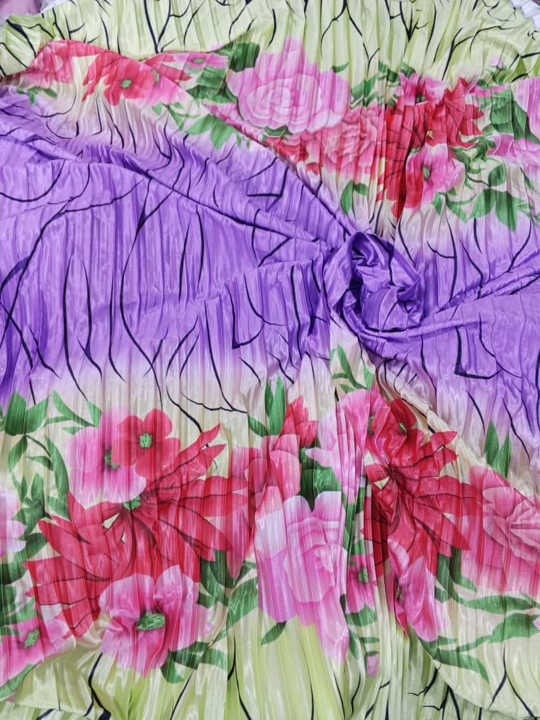 Tissu Satin Plissé Floral - Violet, Rose et Vert Lime